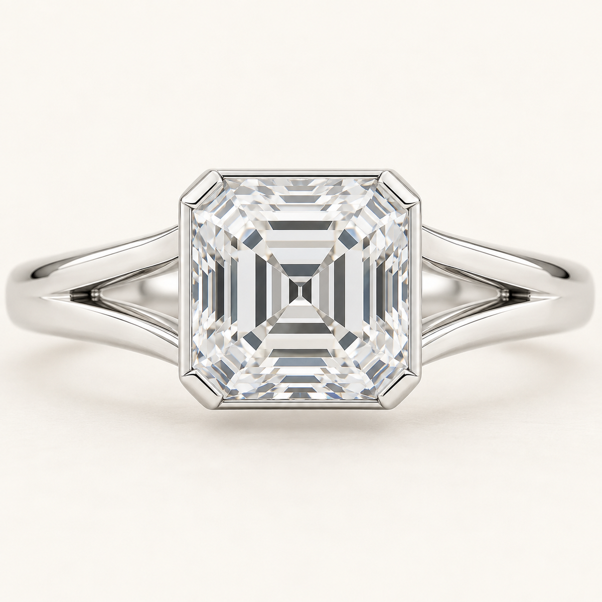 The Celestine Asscher-cut natural diamond ring in white gold, front view