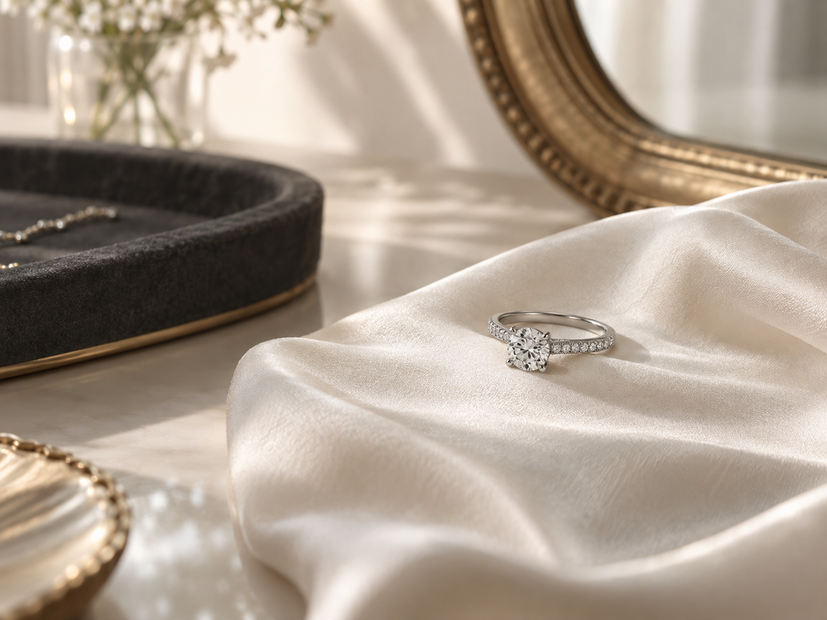 Maison Corvelle diamond ring on ivory silk