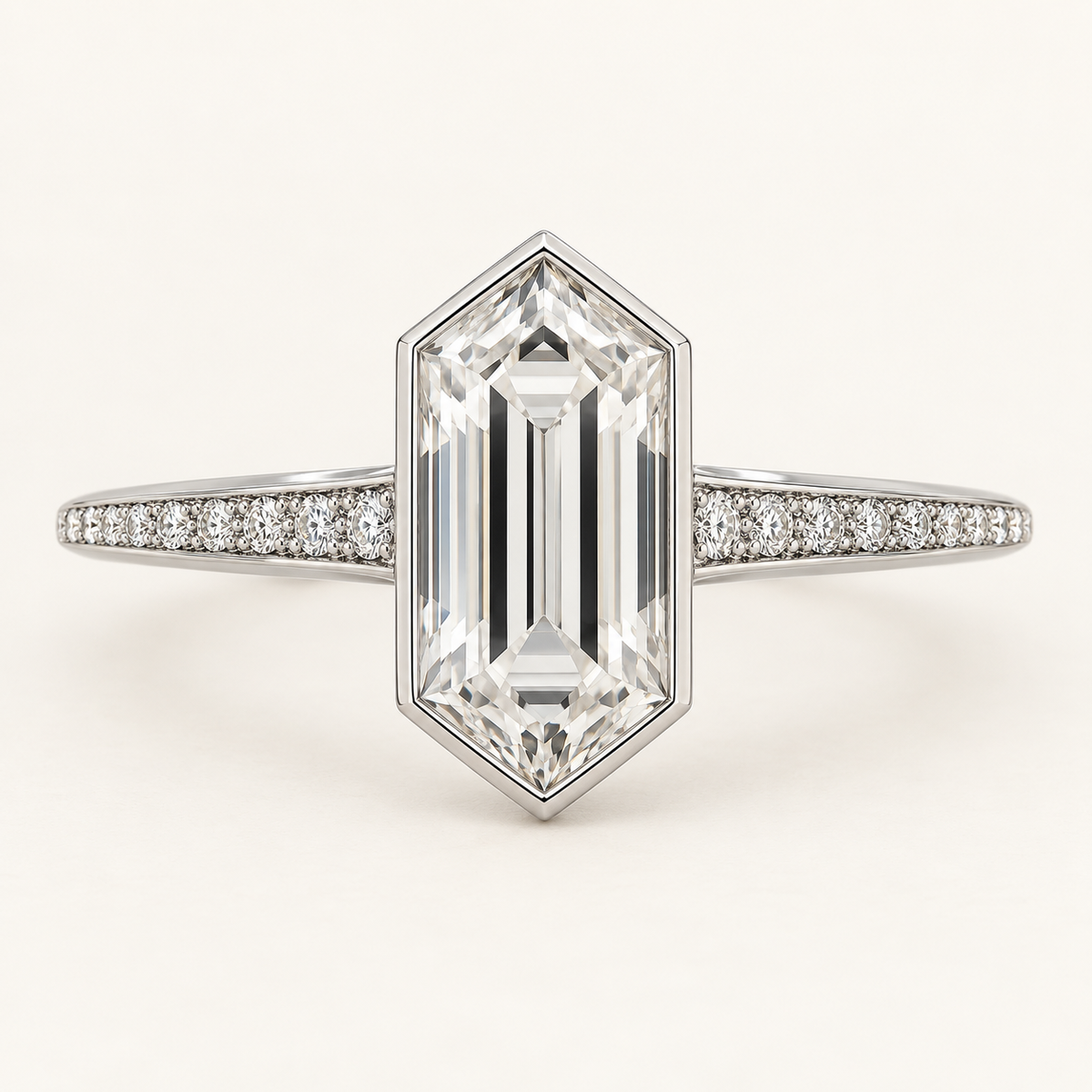 The Solenne Elongated hexagonal step-cut natural diamond ring in white gold, front view